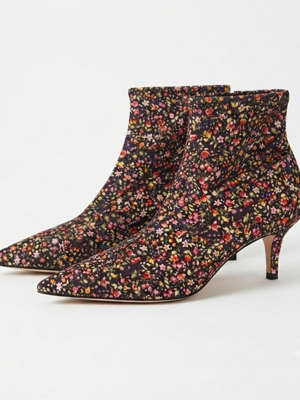 Zara Gorgeous Floral  Kitten Heel Ankle Boots - Black Dark Base Multicolor Print